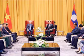 Le SG du PPRL et président lao rencontre le chef du Front de la Patrie du Vietnam (gauche). Photo: VNA