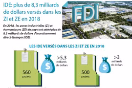 IDE: plus de 8,3 milliards de dollars versés dans les ZI et ZE en 2018