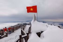  Des touristes se complaisent à voir la chute de neige sur le mont Fansipan