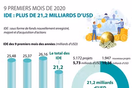 IDE : plus de 21,2 milliards d’USD en 9 premiers mois de 2020