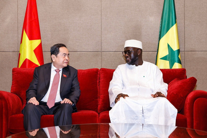 Le président de l'Assemblée nationale sénégalaise, El Malick Ndiaye, accueille le président de l'Assemblée nationale Tran Thanh Man. Photo : VNA 2-4139.jpg