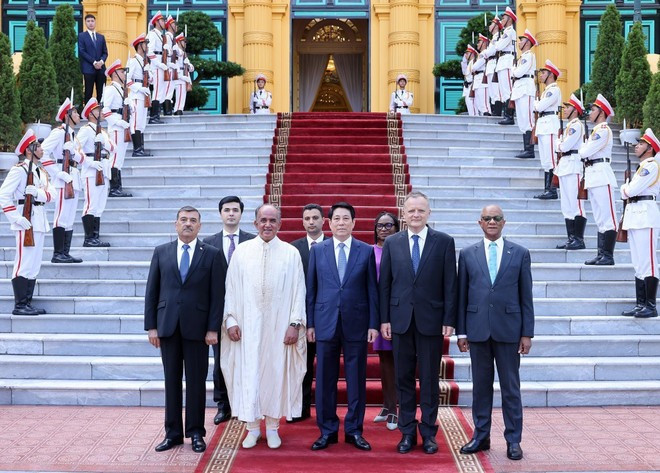 Le président Luong Cuong reçoit les ambassadeurs non-résidents de la Jamaïque, de la Tunisie, de la Slovénie et du Tadjikistan. (Photo : VNA) 3.jpg