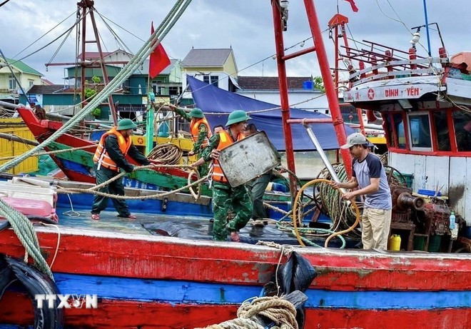 Les officiers et les soldats du poste de garde-frontière de Dien Thanh de la province de Nghe An ont déployé des forces pour aider les pêcheurs à amener les bateaux dans des abris anti-tempête, à ancrer, à amarrer les véhicules. Photo : VNA 2.jpg