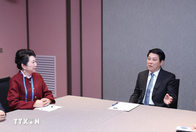 Le président Luong Cuong et la fondatrice du groupe MEBO International, Li Li. Photo : VNA 2.jpg