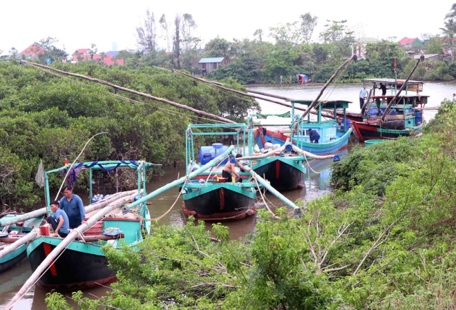 Les habitants de la commune de Thach Khe empruntent des bateaux et des embarcations pour se mettre à l'abri du typhon à Thach Khe, province de Ha Tinh. Photo : VNA bao-2.jpg