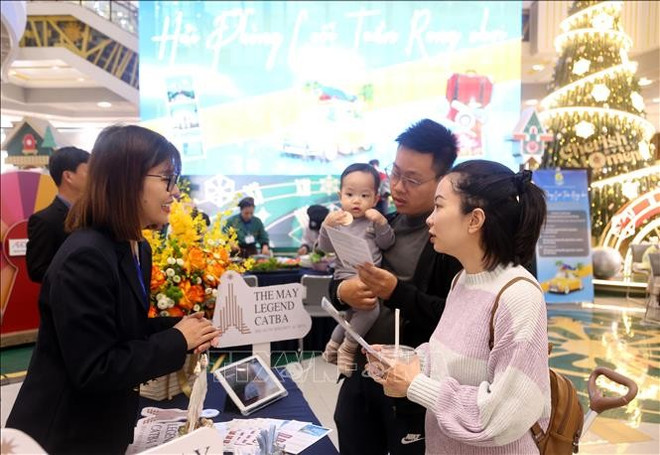 Des visiteurs cherchent des informations sur les hôtels. Photo : VNA touriste-2.jpg