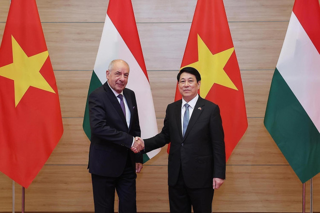 Le président Luong Cuong (droite) et le président hongrois Sulyok Tamas. Photo : VNA chieu-dai-3.jpg