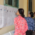 Des habitants khmers du hameau de Ngã Cạy, commune de Xà Phiên, consultent les informations sur les candidats aux élections de l’Assemblée nationale et des Conseils populaires affichées à la pagode Bôrâysarâychum. Photo : VNA.