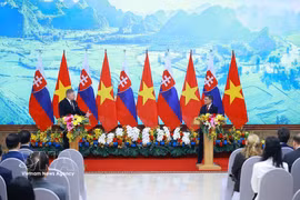 Le Premier ministre vietnamien Le Minh Hung (droite) et son homologue slovaque Robert Fico à la rencontre avec la presse des deux pays. Photo : VNA