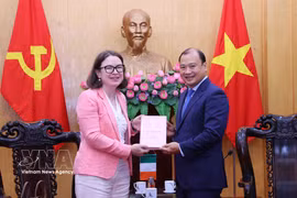 Le directeur adjoint permanent de l’Académie nationale de politique Ho Chi Minh, Le Hai Binh, offre un cadeau à l’ambassadrice d’Irlande au Vietnam, Deirdre Ní Fhallúin. Photo: VNA