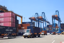 Des camions porte-conteneurs au port international de Gemalink, qui fait partie du système portuaire de Cai Mep à Hô Chi Minh-Ville. Photo : VNA