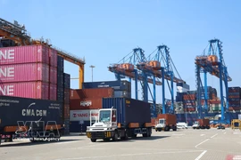 Des camions porte-conteneurs au port international de Gemalink, qui fait partie du système portuaire de Cai Mep à Hô Chi Minh-Ville. Photo : VNA