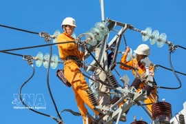 Inspection et réparation des lignes électriques pour garantir un approvisionnement en électricité sûr et continu dans les provinces du Centre. Photo : VNA