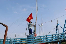 Les pêcheurs hissent le drapeau national pour affirmer la souveraineté des mers et des îles du pays. Photo: VNA