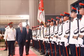 Le secrétaire général du PCV, To Lam, et le Premier ministre de Singapour et secrétaire général du PAP, Lawrence Wong, lors de la cérémonie d'accueil officielle du dirigeant vietnamien à Singapour. Photo: VNA