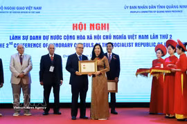 La vice-ministre des Affaires étrangères, Le Thi Thu Hang, décerne l'Insigne « Pour la diplomatie vietnamienne » et des certificats de mérite du ministre des Affaires étrangères à plusieurs consuls honoraires en reconnaissance de leurs contributions remarquables. Photo : VNA