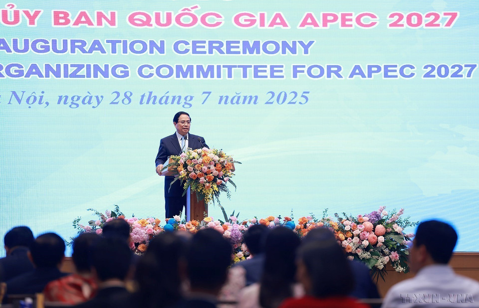 Le Premier ministre Pham Minh Chinh a pris la parole lors de la cérémonie d'annonce de la création du Comité national du Forum de coopération Asie-Pacifique 2027, en juillet 2025 à Hanoï. Photo : VNA
