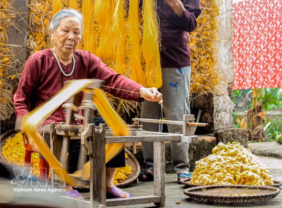 Chaque ouvrier chargé de filer le fil de soie tussah ne produit en moyenne que 70 à 100 grammes par jour, un travail qui exige minutie, patience et savoir-faire. Photo : VNA