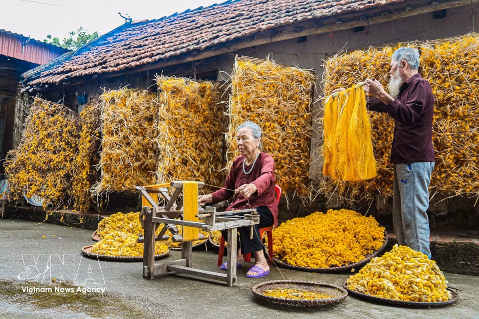 Dans la cour de leur maison, un couple âgés récolte les cocons et file la soie ensemble. Photo : VNA