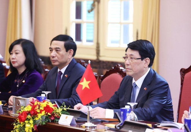 Le président Luong Cuong s'exprime lors de son entretien avec le président français Emmanuel Macron. Photo : VNA
