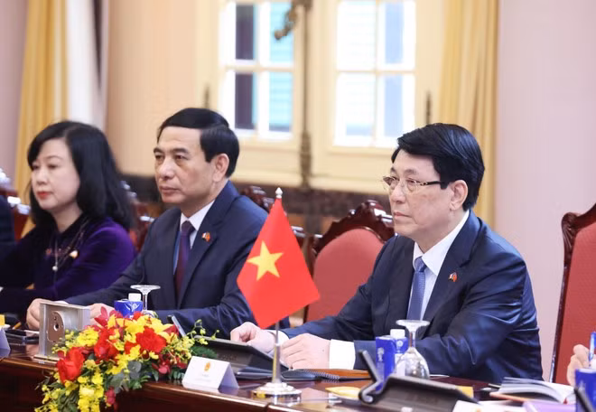 Le président Luong Cuong s'exprime lors de son entretien avec le président français Emmanuel Macron. Photo : VNA