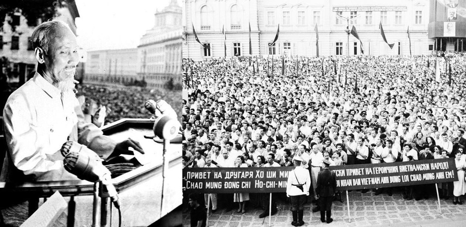 Le Président Ho Chi Minh prend la parole lors d’un meeting pour saluer sa visite officielle d'amitié en Bulgarie (13 août 1957), une visite qui a marqué une étape importante dans l'histoire des relations entre les deux pays.Photo d'archives de la VNA