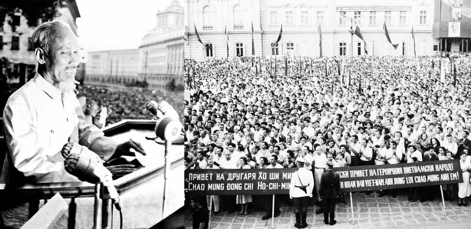 Le Président Ho Chi Minh prend la parole lors d’un meeting pour saluer sa visite officielle d'amitié en Bulgarie (13 août 1957), une visite qui a marqué une étape importante dans l'histoire des relations entre les deux pays.Photo d'archives de la VNA