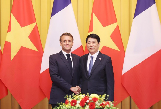 Le président vietnamien Luong Cuong (droite) et le président français Emmanuel Macron posent pour une photo avant leur entretien. Photo : VNA