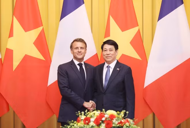 Le président vietnamien Luong Cuong (droite) et le président français Emmanuel Macron posent pour une photo avant leur entretien. Photo : VNA