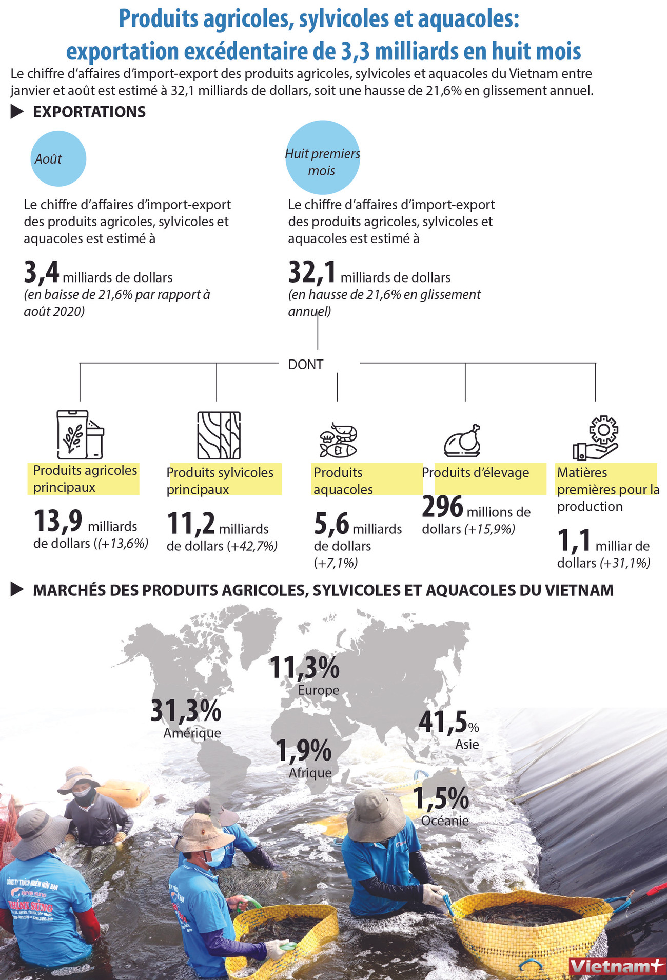 Produits agricoles, sylvicoles et aquacoles: exportation excédentaire de 3,3 milliards en huit mois ảnh 1 Produits agricoles, sylvicoles et aquacoles: exportation excédentaire de 3,3 milliards en huit mois ảnh 1
