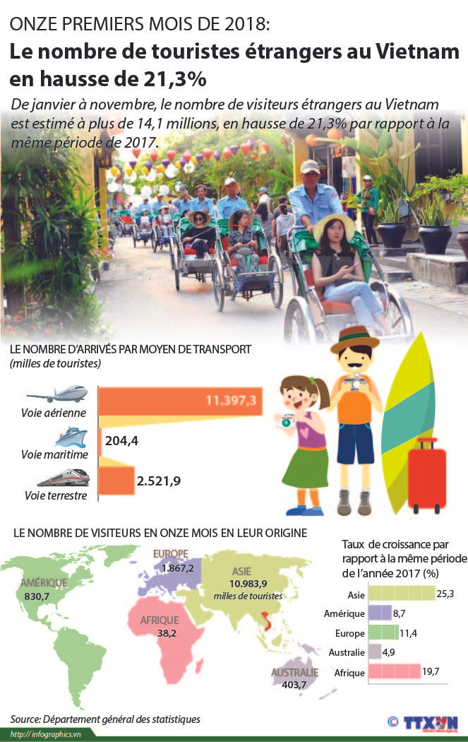 Le nombre de touristes étrangers au Vietnam en onze mois en hausse de 21,3% ảnh 1