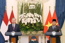 Le secrétaire général du PCV, To Lam, et le président indonésien, Prabowo Subianto, s'adressent à la presse. Photo : VNA