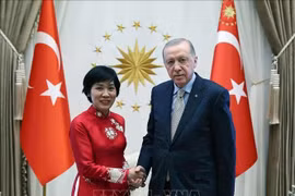 L'ambassadrice du Vietnam en Turquie, Dang Thi Thu Ha, et le président turc, Recep Tayyip Erdogan. Photo: VNA