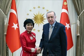 L'ambassadrice du Vietnam en Turquie, Dang Thi Thu Ha, et le président turc, Recep Tayyip Erdogan. Photo: VNA