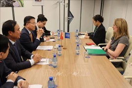 Le vice-Premier ministre Le Thanh Long travaille avec Amy Pope, directrice générale de l’Organisation internationale pour les migrations (OIM). Photo: VNA