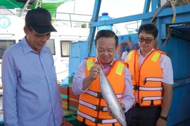 Le vice-président du Comité populaire de Ho Chi Minh-Ville, Bui Minh Thanh, inspecte les prises des pêcheurs à leur sortie de la glacière. Photo : nongnghiepmoitruong.vn