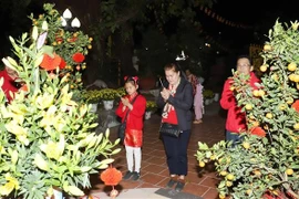 Des Vietnamiens au Laos à la pagode Phat Tich. Photo: VNA