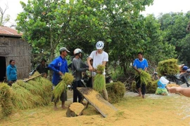 Un touriste étranger découvre le travail agricole à An Giang. Photo : VNA