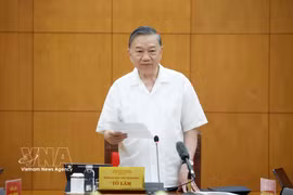 Le secrétaire général du Parti et président de la République, To Lam, s'exprime lors de la réunion. Photo: VNA