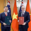 Le secrétaire général du Parti To Lam (gauche) et le Premier ministre australien Anthony Albanese échangent trois déclarations conjointes. Photo : VNA