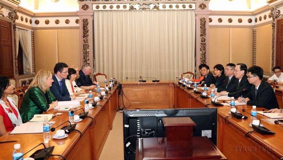 Le vice-président permanent du Comité populaire de Ho Chi Minh-Ville, Le Thanh Liem, a travaillé avec Patrick O'Donovan, secrétaire d'État au ministère des Finances, des Dépenses publiques et de la Réforme d'Irlande, pour promouvoir la coopération entre les deux parties, en particulier dans les domaines de l’éducation et de la santé, le 18 mars 2019. Photo: VNA
