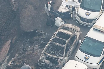 Une voiture calcinée dans un incendie de forêt à Yeongdeok, province du Gyeongsang du Nord, en République de Corée. Photo : Yonhap/VNA