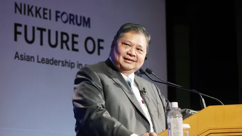 Le ministre coordonnateur indonésien des Affaires économiques, Airlangga Hartarto, à la 29e Conférence sur l'avenir de l'Asie au Japon. Photo: Nikkei Asia