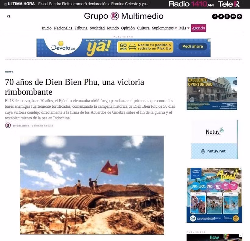 Article du journal uruguayen Grupo R Multimedio saluant la Victoire de Dien Bien Phu. Photo: VNA