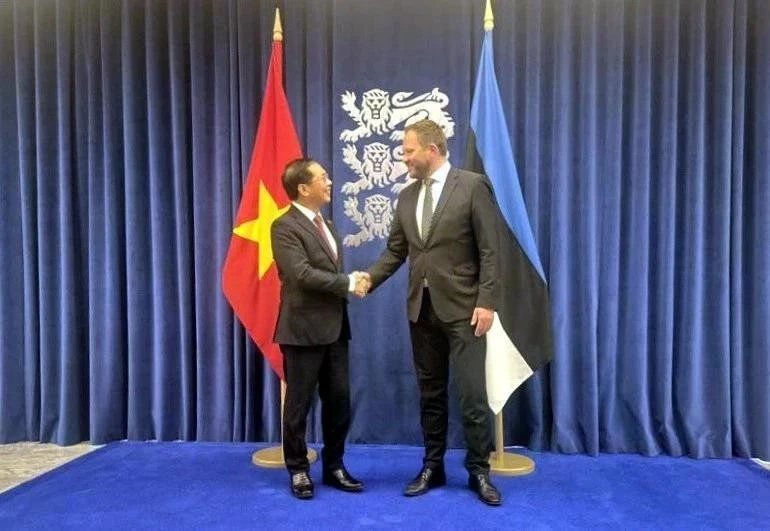 Le vice-Premier ministre et ministre des Affaires étrangères, Bui Thanh Son (gauche) et le ministre estonien des Affaires étrangères, Margus Tsahkna.