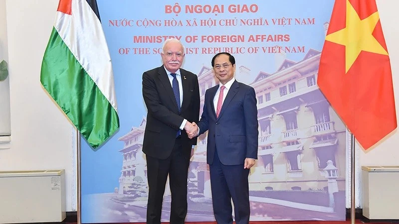 Le vice-Premier ministre Bui Thanh Son (droite) reçoit l'envoyé spécial du président palestinien Riad Malki. Photo: VNA