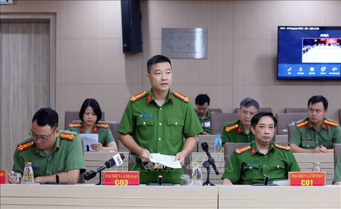 Le sous-colonel Vu Thanh Tung, chef adjoint du C03 s'exprime lors de la conférence de presse du ministère de la Sécurité publique, le 7 juillet. Photo: VNA