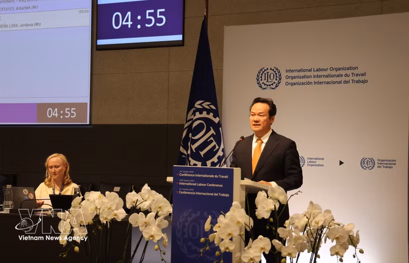 L'ambassadeur Mai Phan Dung prononce un discours lors de la séance plénière de la 114e session de la Conférence internationale du Travail. Photo: VNA