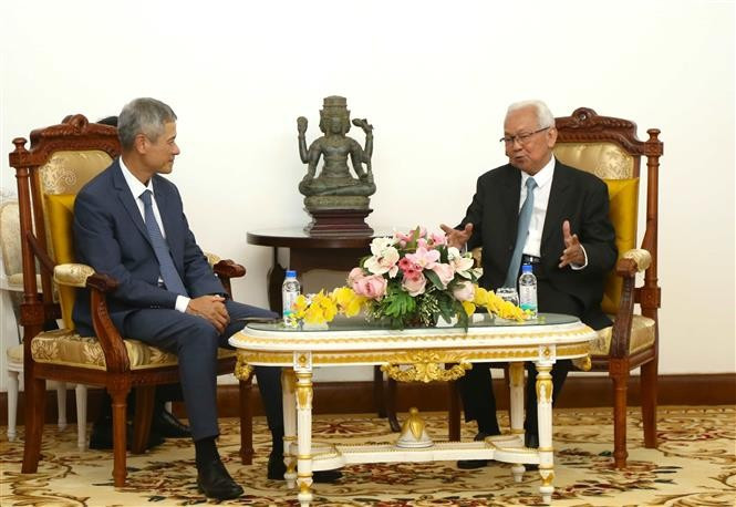 L'ambassadeur du Vietnam au Cambodge, Nguyên Minh Vu (gauche) rencontre le président du Conseil constitutionnel Im Chhun Lim. Photo: VNA