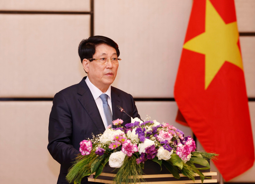Le président Luong Cuong s'exprime lors de la rencontre avec des Vietnamiens vivant au Laos. Photo: VNA